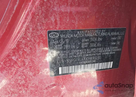 2019 Hyundai Elantra Se из США, поврежденный, VIN 5NPD74LFXKH493230